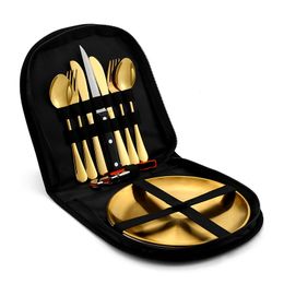 Portable Cutlery Picnic Set Stainless Steel Family Camping Utensil Set with Travel Case Fork Spoon Knife Plate Kits