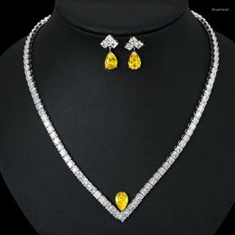Necklace Earrings Set 2022 Shiny Yellow Cubic Zirconia Stone Water Drop And For Women Party Dress Jewellery Accessory Wholesale