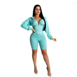 Women's Tracksuits Sport Outfit For Woman 2022 Summer Blue Long Sleeve Zip Up Corset Shorts Sets Matching Comfy Two Piece Short Set Women