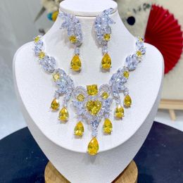 Necklace Earrings Set ASNORA Shiny Yellow Stone Cube Jewelry Long Zircon Pendant 2 PCS Dangling Earring Dress Accessories