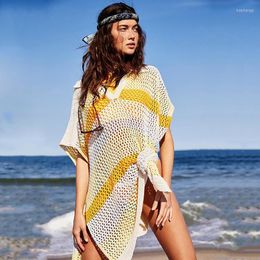Women's Swimwear Women's Crochet Stripe Swimsuit Cover Up Sexy Hollow Mesh Transparent Dress Beachwear Women Bathing Suit Tunics