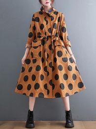 Women's Trench Coats Oversized Polka Dot Long Coat For Women Clothes Stand Collar Drawstring Fashion Casual Loose Outerwear Autumn Winter