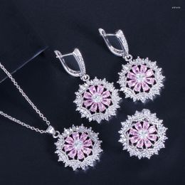 Necklace Earrings Set ThreeGraces Fashion Pink Cubic Zirconia Flower Shape Pendant Ring For Women Silver Color Jewelry JS043