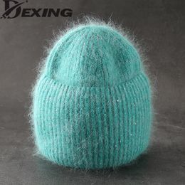 BeanieSkull Caps Rabbit Fur Warm Knit Beanie Women Winter Hats Sequins Bling Thick Knitted Skullies Beanies for Woman Gorros Female Cap 221024