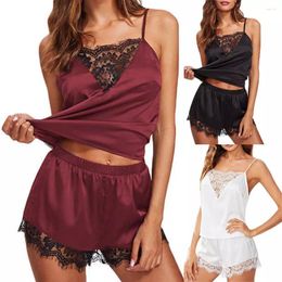 Women's Two Piece Pants 2Pcs Women Sexy See Through Lace Hem Camisole Short Pyjamas Sleepwear Nightwear Set