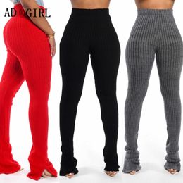 Women's Pants Capris Adogirl Autumn Winter Knitted Side Slit Pants Women Fashion Solid High Waist Long Trousers Elastic Bell Bottom Sweatpants T221024