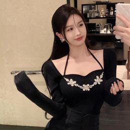 Women's Sweaters Women Sexy Sweater 2022 Spring Korean Slim Pullover Black Inner Long-sleeve Short Top Dimonds High Street Halterneck