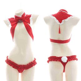 Stage Wear Anime Cosplay Santa Come Christmas Lingerie Set Cute Sexy Hollow Out Bikini Bowknot Ruffle Halter Neck Bra Rabbit Tail Briefs T220901