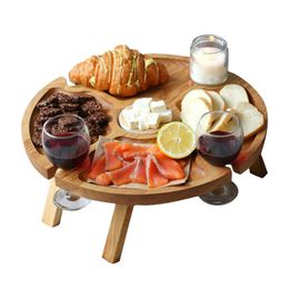 Wooden Folding Picnic Table Portable Creative Kitchen Bar 2 in 1 Wine Glass Rack & Compartmental Dish Tables for Cheese and Fruit for Outdoor