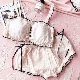 Bras Sets Wriufred Cotton tube top underwear set girl wire free home Pyjamas nightwear sweet cute bra set women lingerie mid waist panties T220907