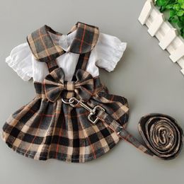 Dog Collars Plaid Bow Collar Skirt With Breast Strap Traction Rope Princess Tutu Dress For Small Pet Cat Harness Vest & Leash