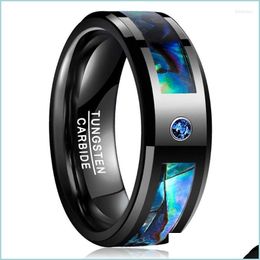 Wedding Rings Wedding Rings Men Black Tungsten Carbide Ring Abalone Shell And Blue Cubic Zirconia Inlay Band Beveled Edge Comfort Fi Dhsuo