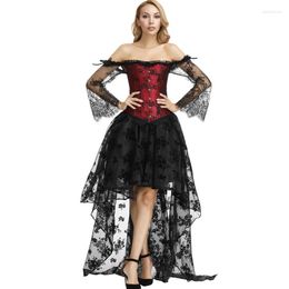 Bustiers & Corsets Corset Dress Women's Vintage Floral Lace Long Sleeves And With Skirt Victorian Bridal Wedding Costume Red