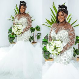 Size Plus Mermaid Wedding Dresses Bridal Gown Scoop Neck Long Sleeves Lace Applique Beaded Beach Ruffles Custom Made Vestidos De Novia