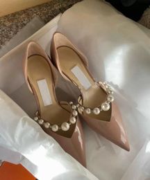 Elegant Brands Aurelie Women Sandals Shoes Patent Leather Pointed Toe Lady Sexy Summer Pumps Faux-pearl embellished Strappy High Heels