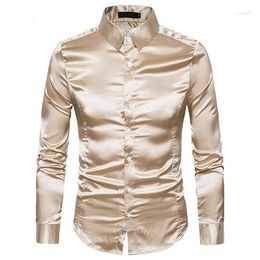 Męskie ubranie koszule Jedwabna koszula Długi rękaw Klapa Jednorzędowy Czarny Złoty Satyna Casual Slim Fit Społeczny Formalny Odzież męska