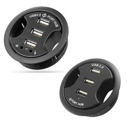 Mounting In-Desk Power Adapter Multi USB 2.0 Ports With 3.5mm Mic Earphone Hole Hub For Office PC Computer