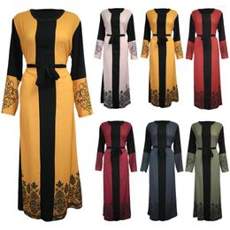 Ethnic Clothing Dubai Islam Muslim Hijab Dress Women Belt Print Lace-up Abaya Dresses Caftan Turkey Islamic Kaftan Moroccan Kimono