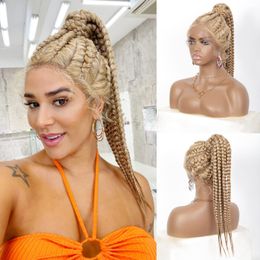 HD Full Lace Box Braided Synthetic Wigs Top Ponytail Hair Stylie 28inch Long pelucas para mujer BZ11