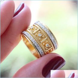 Wedding Rings Wedding Rings Luxury Big Golden Finger For Men Women Fashion Jewellery Inlaid Cubic Zircon Micro Paved Rhinestone Ringswe Dhbyx