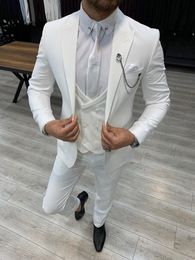 2023 Elegant White Two Button Mens Tuxedos Slim Fit Tailor Made Groom Wear Wedding Business Blazer Jacket and Vest with Pants Custom Plus Size