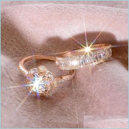 Wedding Rings Wedding Rings Ramos Female 925 Sier Colour Crystal Zircon Ring Set Vintage Rose Gold For Women Flower Bridal Engagement Dhbw6