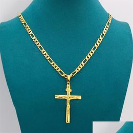 Pendant Necklaces Real 10K Yellow Solid Fine Gold Jesus Cross Crucifix Charm Big Pendant 55X35Mm Figaro Chain Necklace Drop Delivery Dhpho