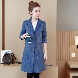 Women's Trench Coats Women Notched Slim Long Denim Jacket Plus Size