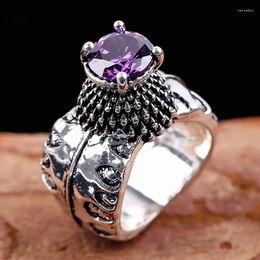 Wedding Rings Unique Style Purple Glass Filledia Stone Bohemian Carved Pattern Silver Color For Women Men Party Gifts O3M467