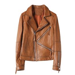 Fashion Street Women Real Sheep Skin Leather Jacket Oil wax color Genuine Leather Motorcycle zipper Jackets