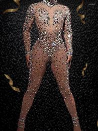 Stage Wear Poster Girls Jumpsuit Gala See Through Perler Beads Big Pearls StonesParty Birthday Prom Ball Sexy Women Rhinstone Playsuit