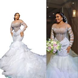 2023 Sexy Mermaid Wedding Dresses Crystal Beaded Pearls African Illusion Neck Ruffles Tiered Long Sleeves Lace Appliques Plus Size Custom Bridal Gowns