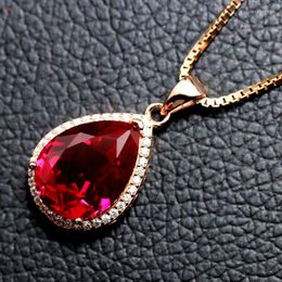 Pendant Necklaces Pear Shape Red Corundum Stone Jewellery Necklace Pendants Faceted Bright 925 Silver Trendy Women