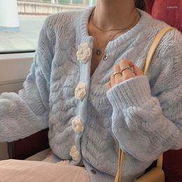 Women's Knits Korean Sweater Cardigan Cropped Tops Women 2022 Fashion O Neck Long Sleeve Sweaters Coat Crochet Flower Knit Pull Femme