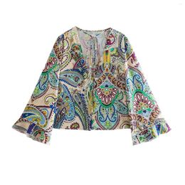 Women's Blouses 2022 Women Fashion With Tied Feathers Printed Vintage Long Sleeve Front Buttons Female Shirts Blusas Chic Tops