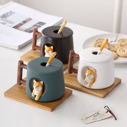 Creative Ceramic Mugs Coffee Cup with Lid Spoon Family Couple Cute Dog Cup Gift