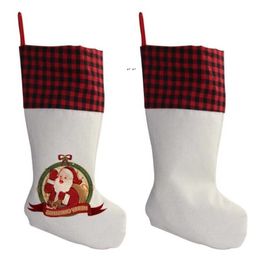 Sublimation Plaid Christmas Stocking Linen White Candy Socks Santa Gift Bag Xmas Tree Oranment Festival Supplies For Kid BBB16614