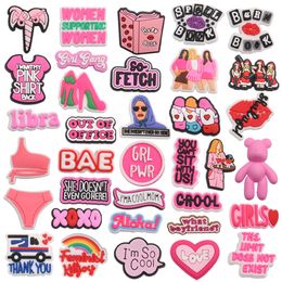 MOQ 20Pcs PVC Cartoon Women Support Women Girl Gang Feminist GRL PWR Shoe Decoration Charm Buckle Accessories Clog Pins Buttons Decorations for Bands Bracelets