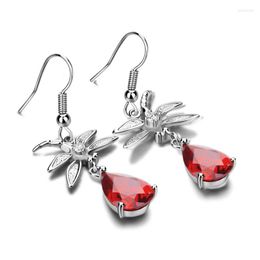 Dangle Earrings Genuine Cute Dragonfly Silver Earrings. Solid 925 Sterling Women's Jewelry. Red Cubic Zirconia Water Drop Gift