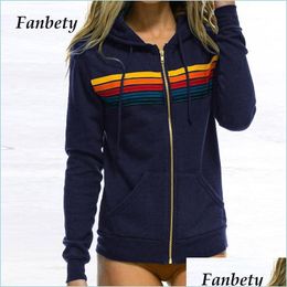 Women'S Hoodies Sweatshirts Elegant Rainbow Striped Zipup Autumn Hoodies Casual Loose Hooded Pocket Long Sleeve Tops Women Fashion Dhj37