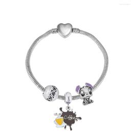 Charm Bracelets Custom Engraved Coffee Cup Heart Globle 6 Colours Stainless Steel Women Personalised Jewellery DIY Gift