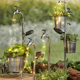 Solar Powered Garden Light Led Water Faucet Art Metal Stake Flowerpot Lamp Lawn Outdoor Decor