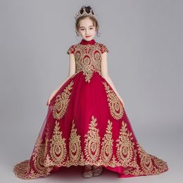Red Flower Girl Dresses Jewel Neck Ball Gown Gold Lace Appliques Beads Kids Girls Pageant Dress Sweep Train Birthday Gowns 403