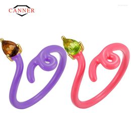 Cluster Rings CANNER Colourful Summer Fashion 925 Sterling Silver Smoky Quartz Stone Enamel Vine Tendril For Women Fine Jewellery Anillos