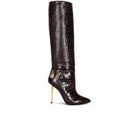 Women long boot black leather strap padlock Soft calf boots gold heeled knee booties luxury brand woman designer with box