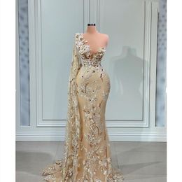 Unique Prom Dresses One Long Sleeve Strapless V Neck Lace Embroidery Appliques Sequins Evening Dresses Beaded Train Floor Length Evening Dress Plus Size Custom Made