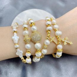 Charm Bracelets 5Pcs/Lot Korean Design Zircon Spacer Beads Wrist Band Cross Natural Freshwater Pearl Beaded Bracelet