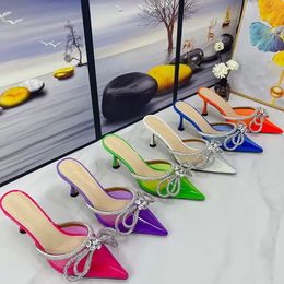 Women Shoes Sandal Slippers Luxury Designer Middle Heel Transparent Fashion Rhinestone Bow Decorative Evening Womens Slipper