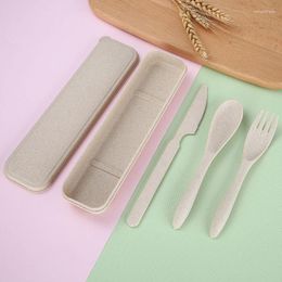 Dinnerware Sets 3pcs/lot Travel Cutlery Portable Box Japan Style Wheat Straw Knife Fork Spoon Student Kitchen Tableware