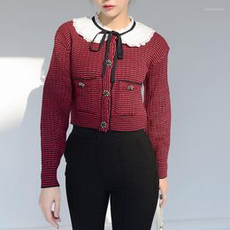 Women's Knits Women Cropped Cardigan Designer Sweater Jacket 2022 Cute White Collar Bows Splice Wine Red Stripe Short Knitted